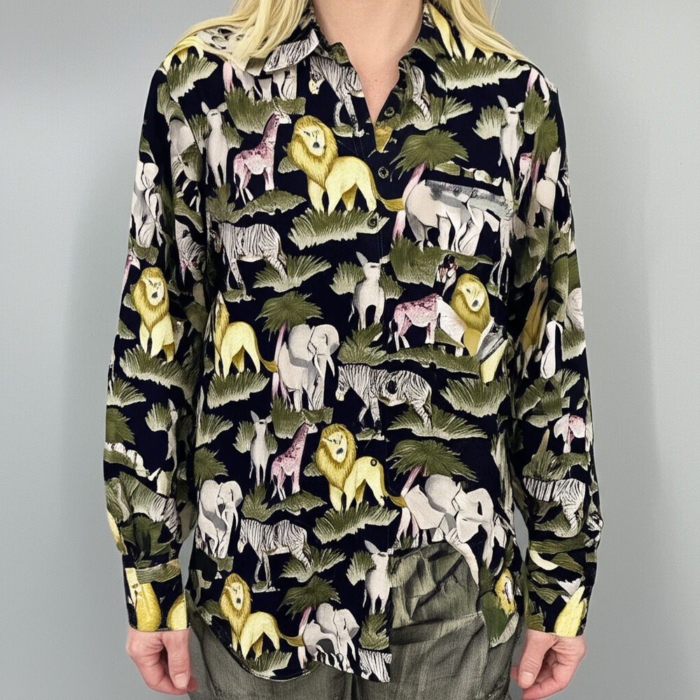Vintage Susan Gail Button Up Shirt Womens M Animal Safari Print Long Sleeve Top